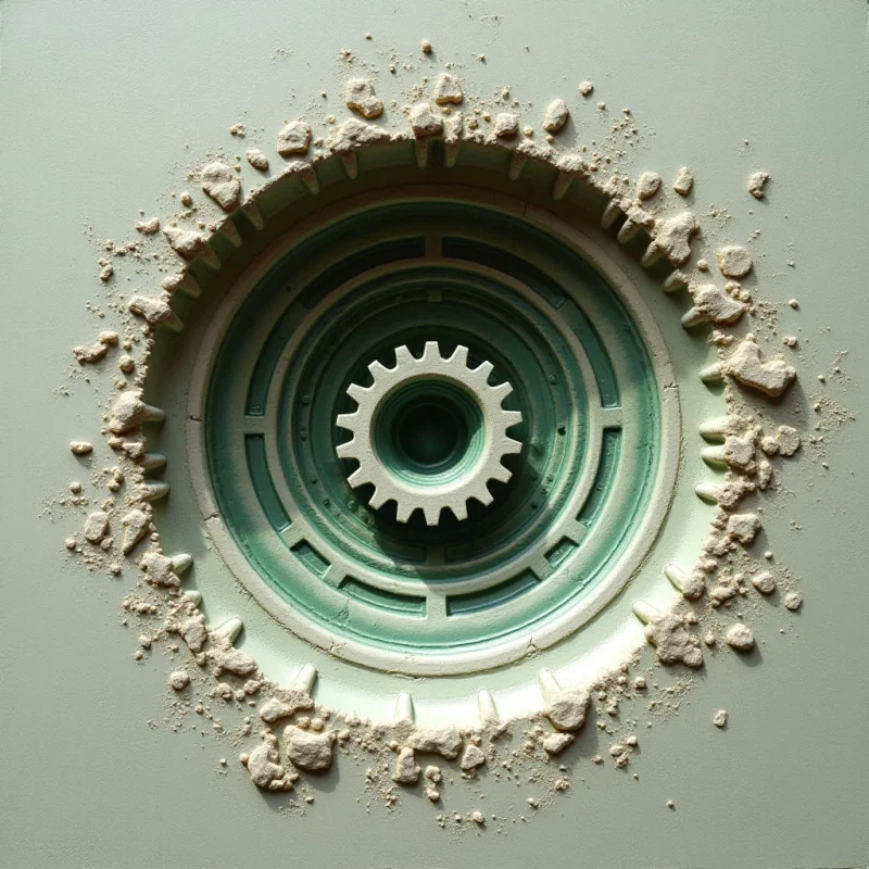 A series of concentric circular rings in pale mint and cream tones forms a recessed central structure featuring a small, notched gear at the core. Rough, irregular beige granules and rocky textures are scattered around the outer rim, creating a jagged border against the smooth background. Soft, directional light casts subtle shadows within the circular grooves, emphasizing the depth and layered spatial relationships of the composition.