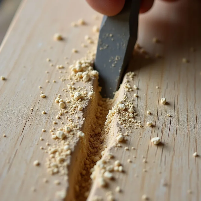 A dark grey metal chisel carves a deep, narrow groove into a pale, light-grained wooden surface. Tiny, irregular granules of beige wood shavings are scattered across the textured grain and settle within the carved channel. Soft, diffused light illuminates the scene from above, creating subtle shadows within the recessed slit and highlighting the contrast between the smooth tool and the rough debris.