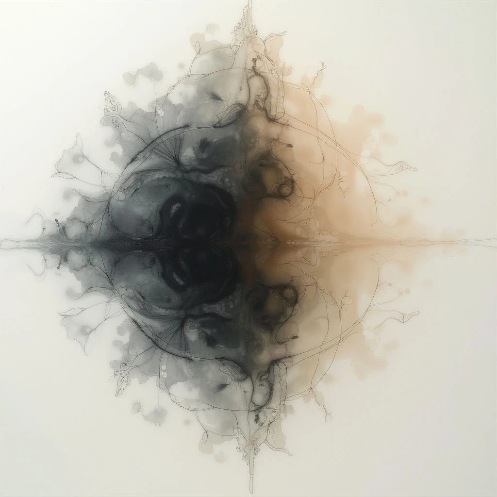 A dark, swirling mass on the left contrasts with a lighter, branching form on the right, both emerging from a central line. Delicate lines extend outwards from these shapes like roots or veins against a pale background. The overall impression is organic and balanced, resembling an abstract representation of growth or opposing forces.