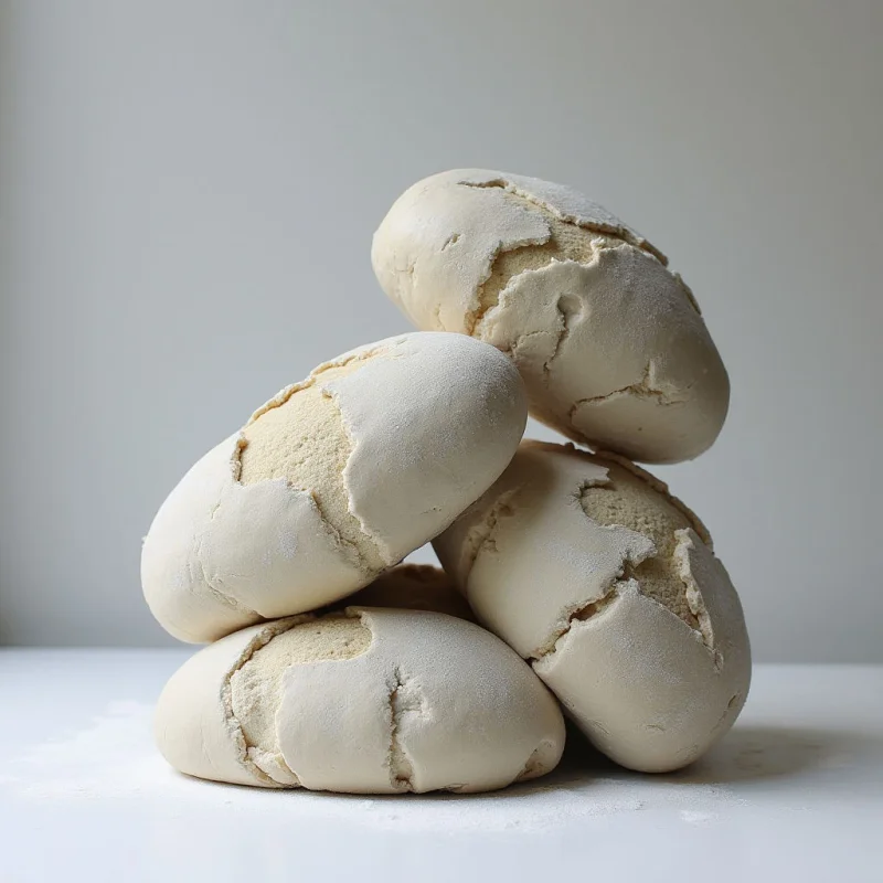 A stack of pale, cream-colored dough mounds sits centrally against a neutral, light gray background. The rounded shapes feature rough, cracked textures and a fine dusting of white powder across their surfaces. Soft, diffused lighting creates gentle shadows that define the depth and spatial arrangement of the layered forms on a flat white surface.
