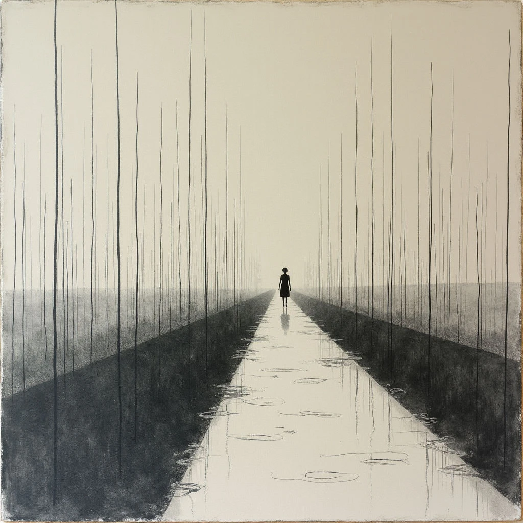 A lone figure walks down a long, straight path flanked by rows of tall, slender trees. The ground is dark and reflective, appearing wet with scattered pools of water. A hazy atmosphere surrounds the scene, creating a sense of isolation and quietude.