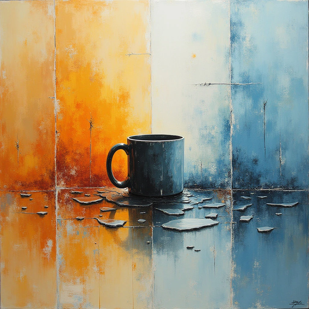 The image features a dark mug centered in front of a wall divided into sections of warm orange and cool blue tones, with a strip of white separating them. The floor is reflective, mirroring the colors above and displaying fragmented shapes resembling broken tiles or glass. Light appears to come from an unseen source, creating highlights on the mug and reflections across the surface below, suggesting a shallow spatial depth.
