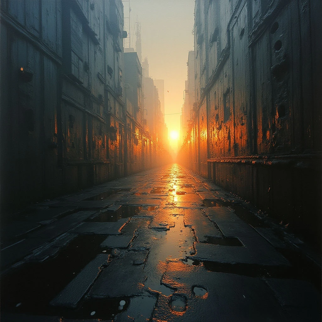 A narrow city street stretches into the distance, lined with tall, weathered buildings on both sides. The pavement is dark and slick, reflecting a warm orange glow from the setting sun at the far end of the alley. A hazy mist hangs in the air, obscuring the tops of the structures and creating a sense of depth and solitude.