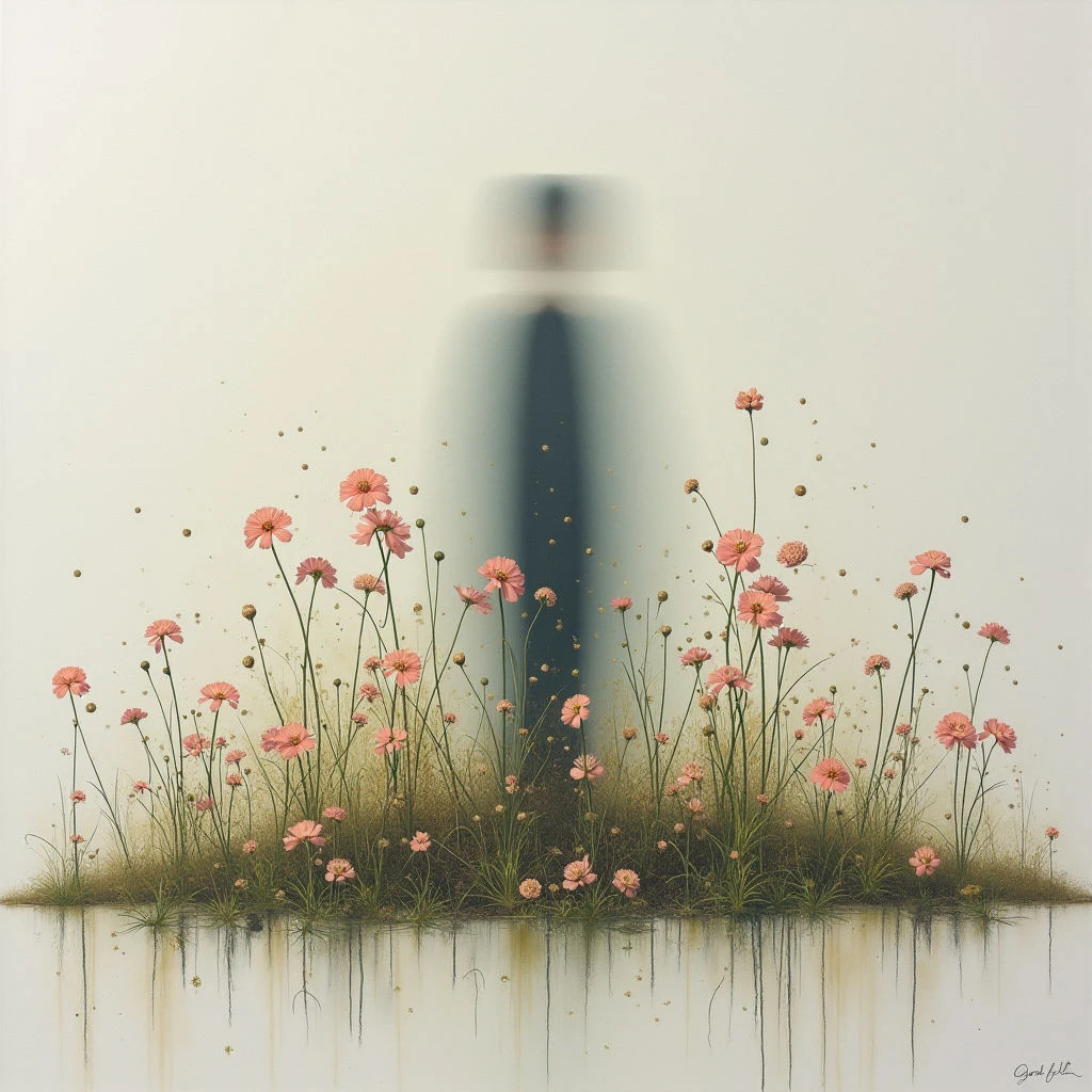 A blurred, dark figure stands amidst a vibrant patch of pink wildflowers growing from a reflective surface. The flowers and grasses seem to sprout directly from the water-like plane below, with delicate stems reaching upwards towards the indistinct form. Small golden flecks are scattered throughout the scene, adding a subtle shimmer to the pale background.