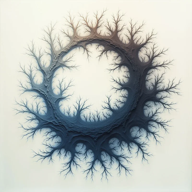 A ring of dark, branching fractal patterns forms a circular void against an off-white background. The texture transitions from smooth, deep blue and charcoal tones in the lower section to warm, earthy browns at the top. Fine, spindly limbs radiate outward and inward, creating a complex interplay of organic shapes and negative space.
