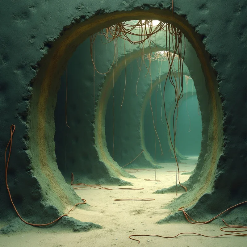 A series of large, circular openings creates a receding tunnel effect through thick, teal-colored walls with a rough, pitted texture. Thin, reddish-brown wires hang from the ceilings and sprawl across the sandy floor, cutting through the space in irregular lines. Soft light filters down from above, illuminating the pale ground and casting gentle shadows within the depth of the cavernous passage.