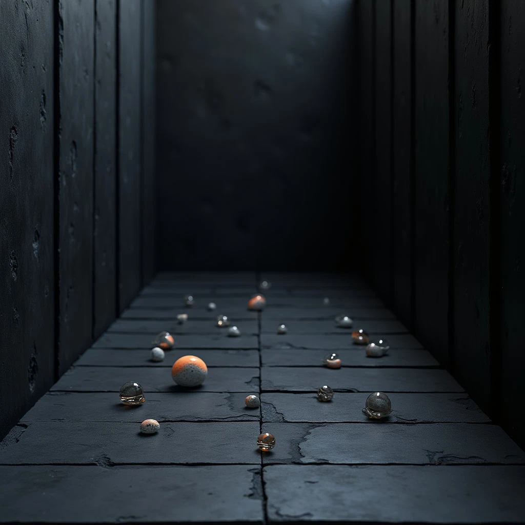 The image depicts a narrow corridor constructed from dark grey, roughly textured stone blocks. Scattered along the floor are small spherical objects in shades of orange and silver, diminishing in size with distance into the receding space. Light is subdued, creating shadows that emphasize the linear perspective and tactile quality of the walls and ground plane.