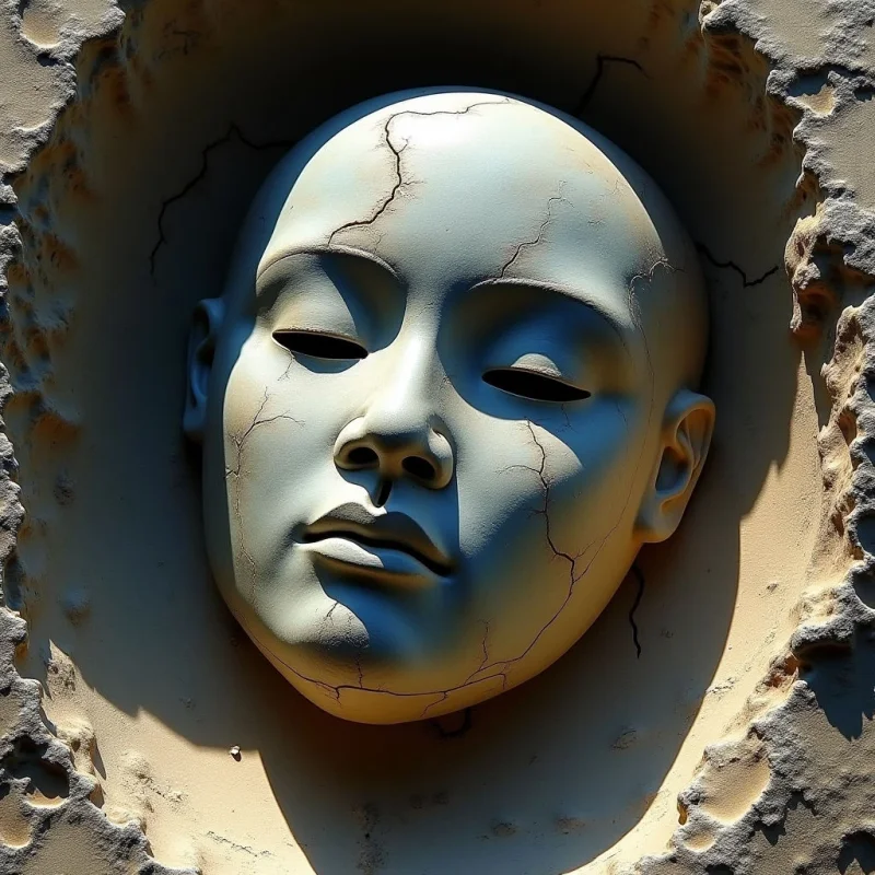The image features a pale, smooth face with closed eyes centered within a rough, textured field of similar tan coloration. A network of fine cracks covers the facial surface, contrasting sharply with the pitted and eroded texture surrounding it. Strong directional light creates pronounced shadows across the face and emphasizes the depth of both the central form and its irregular enclosure.