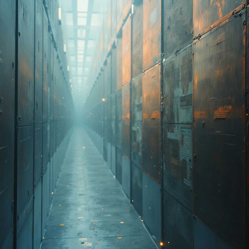 A long, narrow corridor stretches into the distance, lined with tall metal panels on both sides. The space is dimly lit and hazy, with a cool blue-green tone dominating the scene, though warm orange light peeks through gaps in the walls. The floor appears wet and reflective, adding to the overall sense of isolation and mystery.