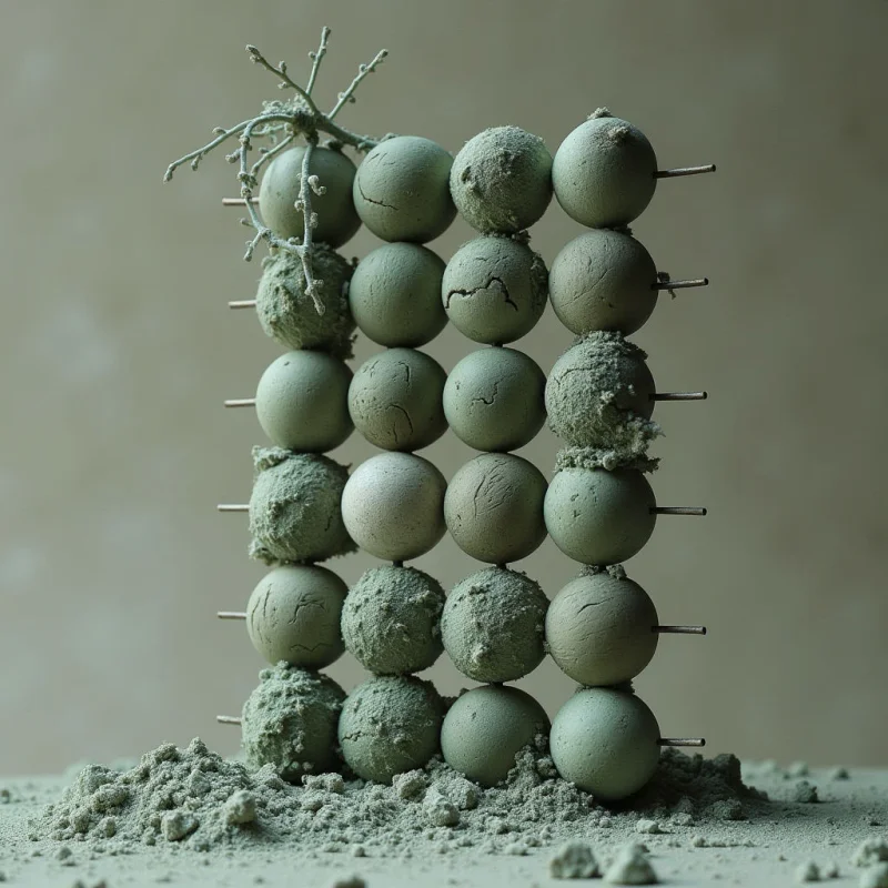 A grid of spherical objects in muted sage green tones is arranged vertically against a neutral, textured background. The spheres vary in surface quality, ranging from smooth and matte to rough, granular, and cracked textures. Soft, diffused light illuminates the composition, creating subtle shadows that define the spatial depth between the stacked shapes and the crumbly base below.
