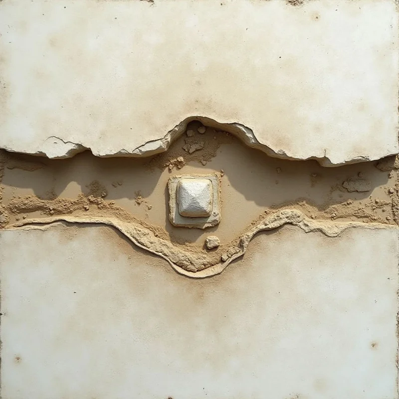 A horizontal fissure splits a pale, cream-colored textured surface, revealing a darker tan interior with granular, sandy debris. A small, raised square block sits centered within the opening, casting a soft shadow to its left. The composition is defined by irregular, jagged edges that create a sense of depth between the smooth outer layers and the rougher core.