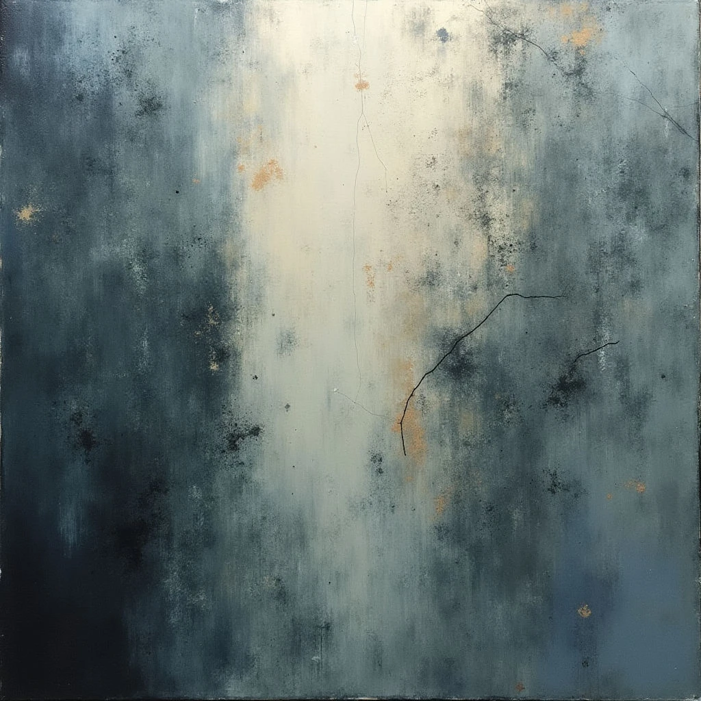 A pale, luminous center shines through layers of cool blues and grays, resembling light breaking through storm clouds. Darker shades cluster around the edges, creating a sense of depth and shadow. Sparse flecks of gold and thin, dark lines add subtle texture to the abstract composition.