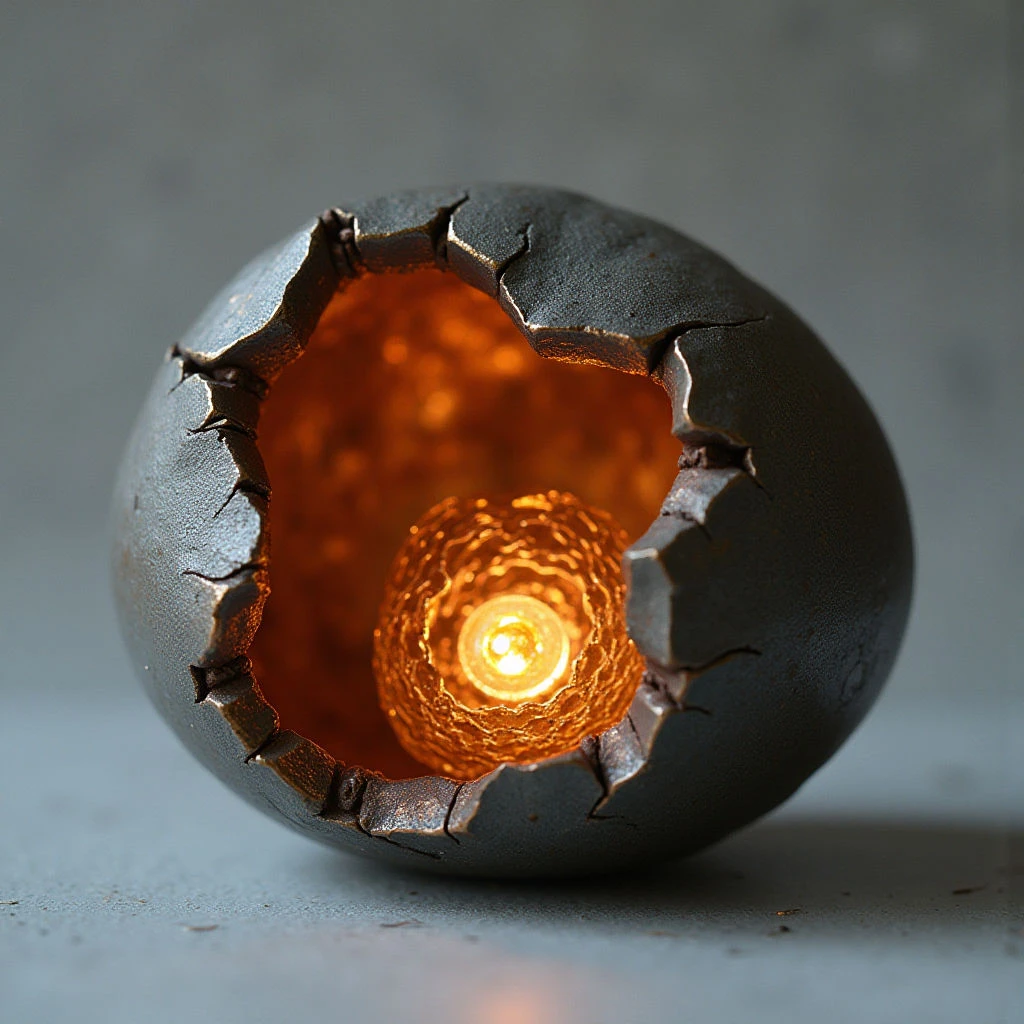 The image features a dark, roughly spherical form with an irregular opening revealing a bright orange and yellow interior glow. The exterior texture appears cracked and matte, contrasting sharply with the smooth, luminous surface within the cavity. A single point of intense light emanates from the center of the glowing area, casting reflections onto the surrounding inner surfaces and subtly illuminating the gray background plane.