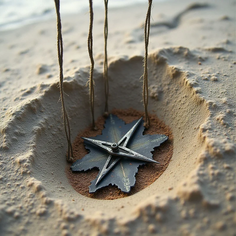 A dark, star-shaped metal compass rests in a shallow depression within tan, granular sand. Three thin, textured brown cords extend vertically from the edges of the compass toward the top of the frame. Soft, diffused light creates gentle shadows within the sandy crater and highlights the metallic sheen of the central object.