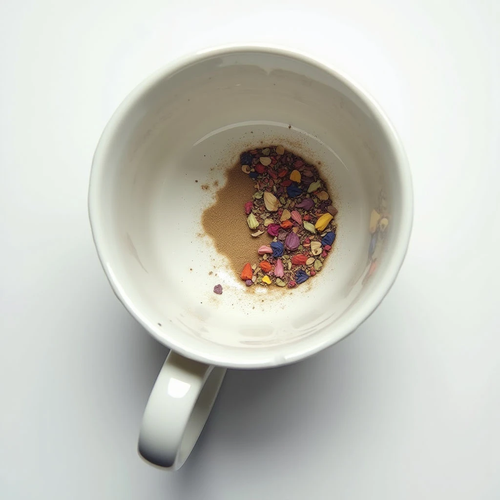 A white mug sits empty, holding a scattering of colorful dried flowers and spices at the bottom. A patch of brown residue stains part of the interior surface where something was likely mixed or steeped. The mug rests on a clean, bright white background.
