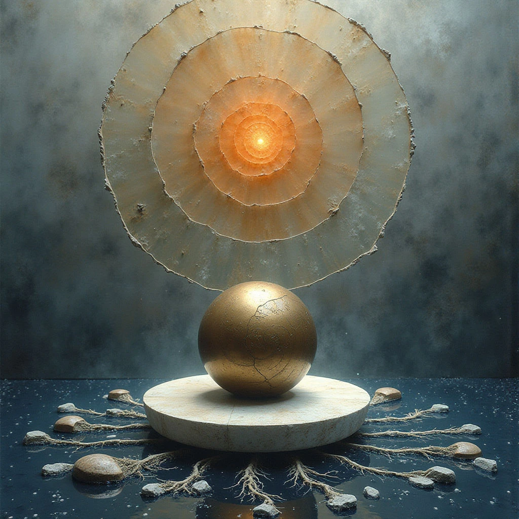 The image features a central golden sphere resting on a circular stone base, with a layered, concentric disc extending upwards from behind it. Colors are primarily muted golds and browns contrasted against a dark gray background, while textures range from smooth polished surfaces to rough, fragmented edges. Light emanates intensely from the center of the disc and reflects off the sphere, creating a sense of depth and drawing attention to the central vertical axis within a shallow spatial arrangement.