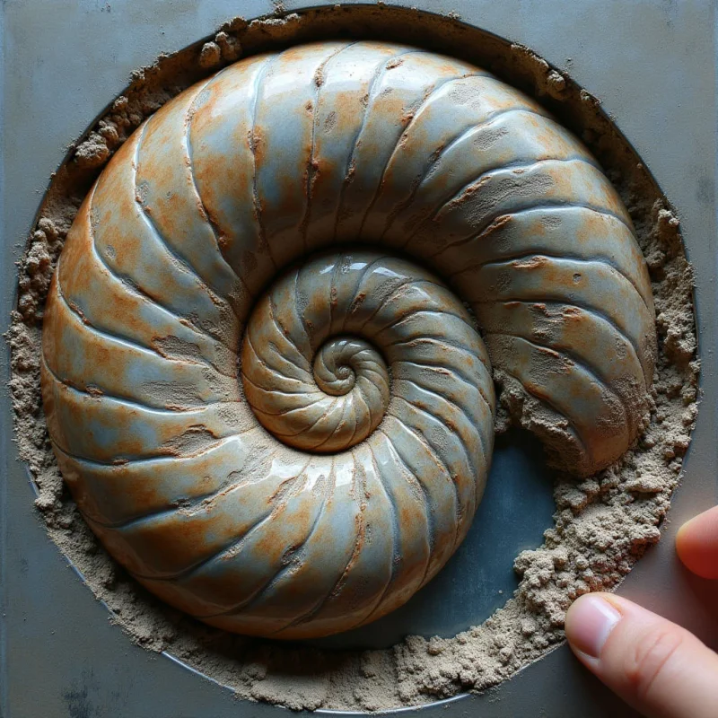 A spiral nautilus shell with a smooth, glossy texture and tan-colored ridges is set within a circular indentation filled with coarse, sandy grit. The composition features cool grey tones contrasted by warm, earthy browns, with light reflecting off the shell's polished surface. The shell occupies most of the central space, curving inward toward a tight focal point while surrounded by a ring of granular texture.