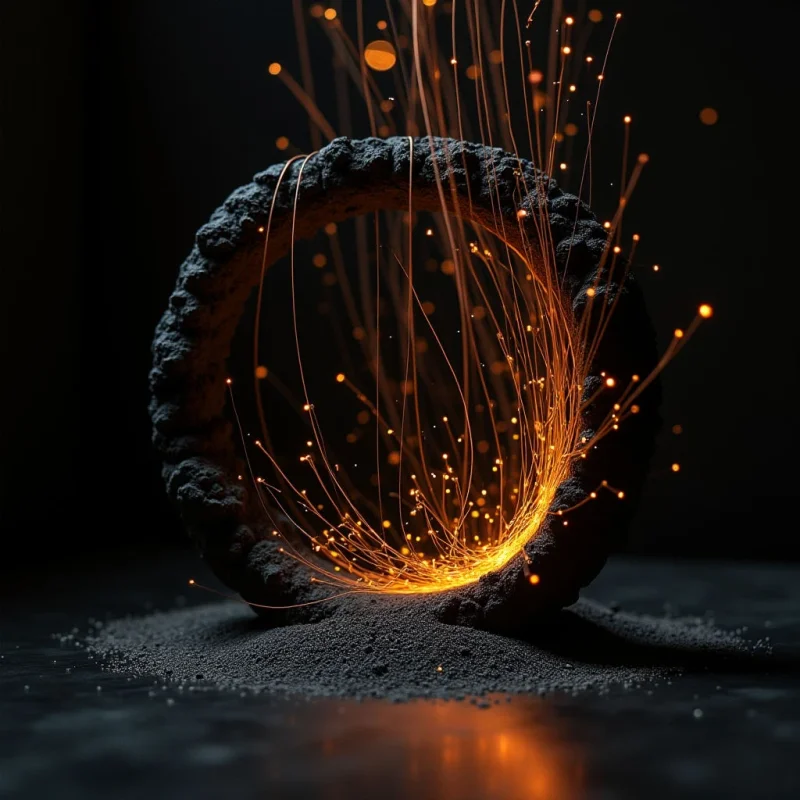 A dark, textured ring rests on a mound of fine black granules against a deep black background. Glowing orange filaments and luminous particles arc through the center of the ring, casting a warm light onto the surrounding surfaces. The composition centers on the contrast between the rough, circular form and the delicate, flowing lines of light.