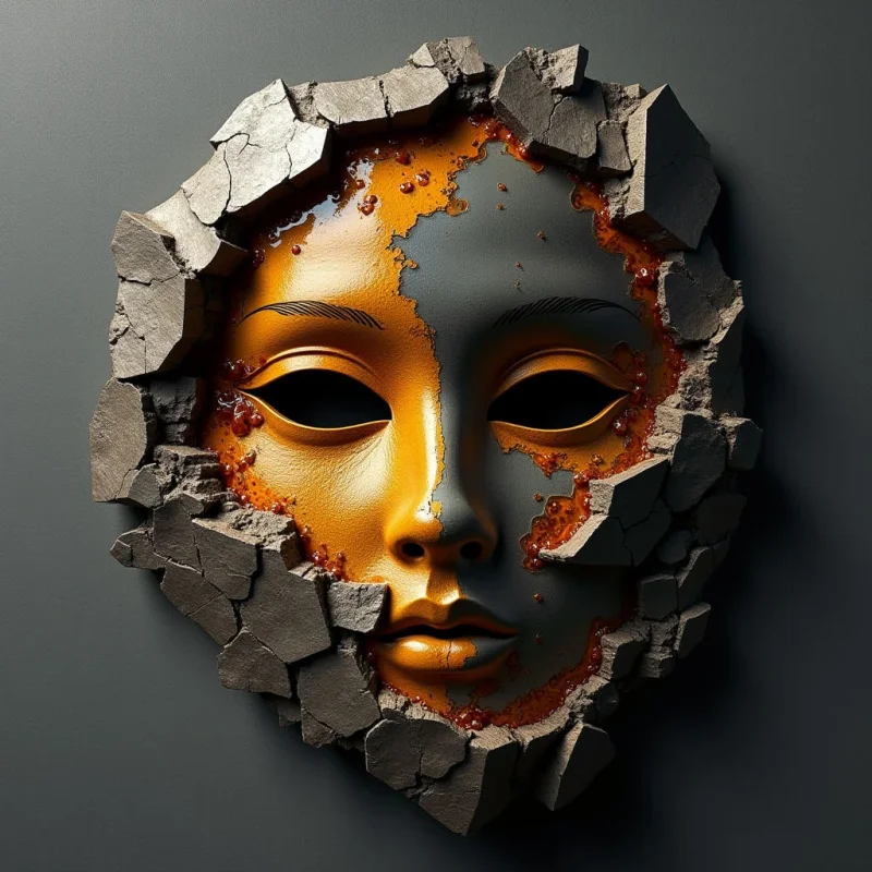 A smooth, golden-orange mask with dark eye sockets is partially revealed through a jagged, irregular hole in a matte grey surface. The composition features sharp, rocky textures around the edges of the opening, contrasting with the polished, metallic sheen of the face. Light falls from the side, casting soft shadows that emphasize the depth between the broken foreground fragments and the recessed mask.