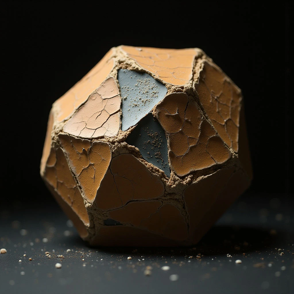 The image features a fractured geometric form in shades of tan and dark blue against a black background. The surface displays a cracked texture with granular details and exposed edges, while the interior reveals a smoother, darker plane. Light highlights the object’s facets and casts subtle shadows on the surrounding surface, suggesting a close proximity to a light source and a contained spatial depth.