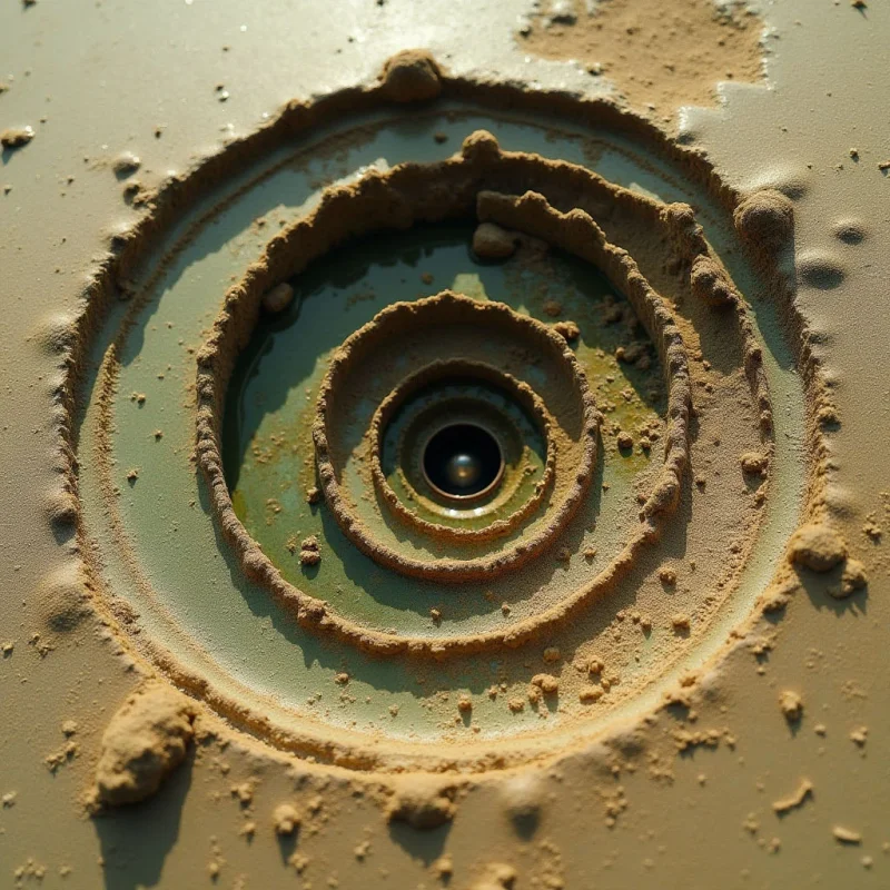 Concentric circular ridges of coarse, tan sand descend toward a dark, reflective central well set within a smooth, pale olive surface. The composition features varying textures ranging from granular sediment to liquid-like smoothness, arranged in a tiered, radial pattern. Bright light casts soft shadows along the edges of the sandy rings, defining the depth and spatial layers of the recessed structure.
