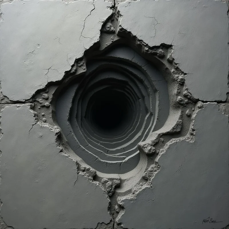 A large, irregular hole dominates a gray, textured surface composed of rectangular concrete slabs with thin cracks running through them. Concentric, circular ridges descend into a dark, shadowy void at the center of the crater. The lighting creates deep shadows within the recessed layers, emphasizing the rough, granular texture of the broken edges.