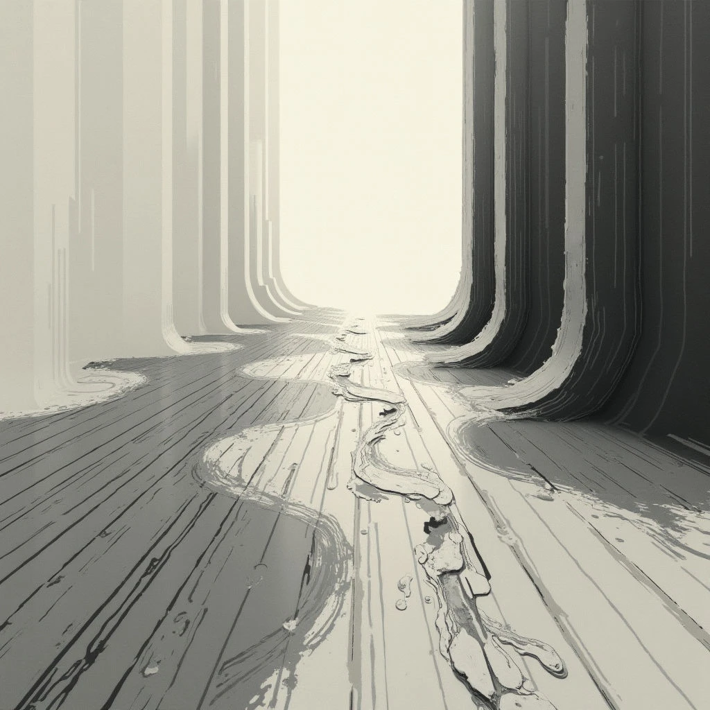 A long, narrow corridor stretches into the distance, defined by tall, curving walls that seem to melt towards a bright light at the far end. The floor is uneven and marked with dark, winding trails resembling water damage or cracks. A sense of isolation and decay pervades the stark, monochrome space.