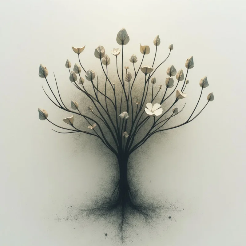 A stylized tree with dark, twisting branches and delicate leaves stands against a pale background. The leaves transition from golden hues at the tips to silvery tones closer to the trunk, suggesting a fading or ethereal quality. Fine particles drift around the base of the roots, giving the impression of dust or decay.