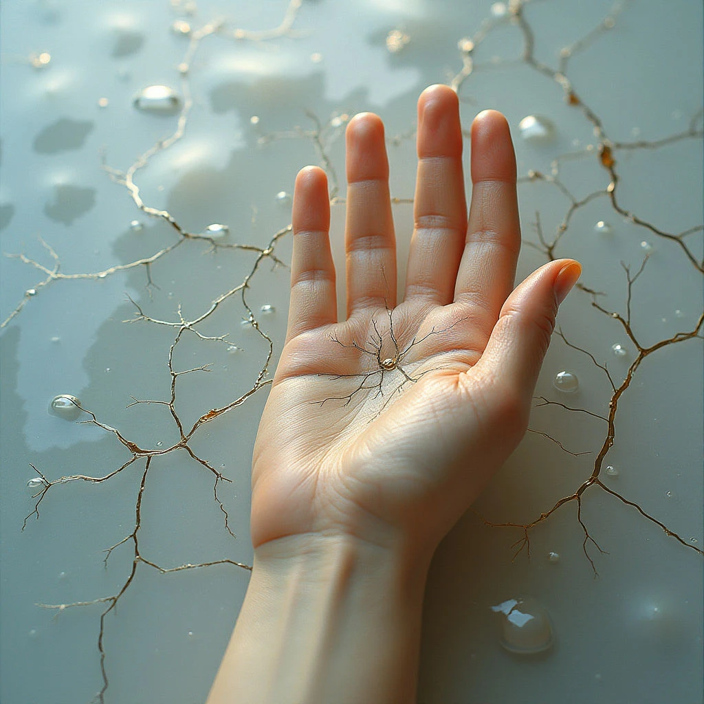The image features a pale hand resting on a textured, light blue surface crisscrossed with fine, branching lines resembling cracks or roots. Scattered across the surface are small, translucent droplets reflecting highlights, and the hand itself exhibits smooth skin tones contrasted by visible veins and wrinkles in the palm. Soft, diffused lighting illuminates the scene evenly, creating minimal shadows and emphasizing the spatial flatness of the composition.