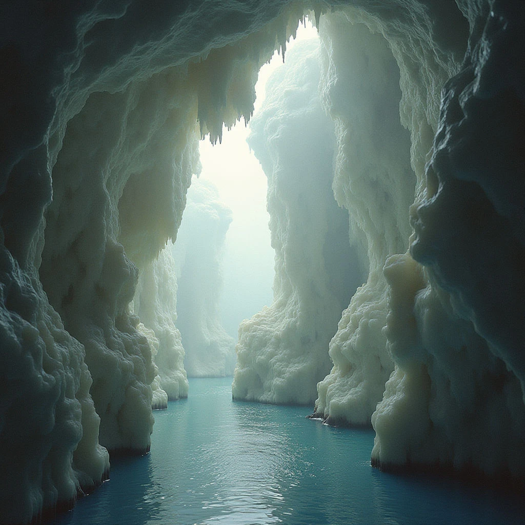 A narrow waterway cuts through a massive ice cave, the walls rising high and textured with countless formations. Light filters in from an opening ahead, illuminating the turquoise water below and creating a hazy atmosphere. The sheer scale of the icy structure dominates the scene, evoking a sense of coldness and isolation.