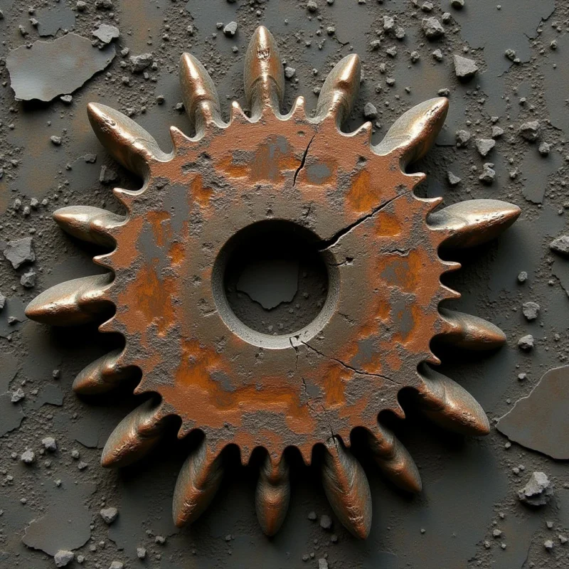 A circular, gear-like object with pointed protrusions is centered against a dark, textured background composed of irregular gray fragments and grit. The central form features a weathered copper or bronze metallic finish with visible cracks and patches of dark oxidation. Light strikes the raised edges and smooth surfaces of the teeth, creating highlights that contrast with the deep shadows in the crevices and the matte, rocky backdrop.