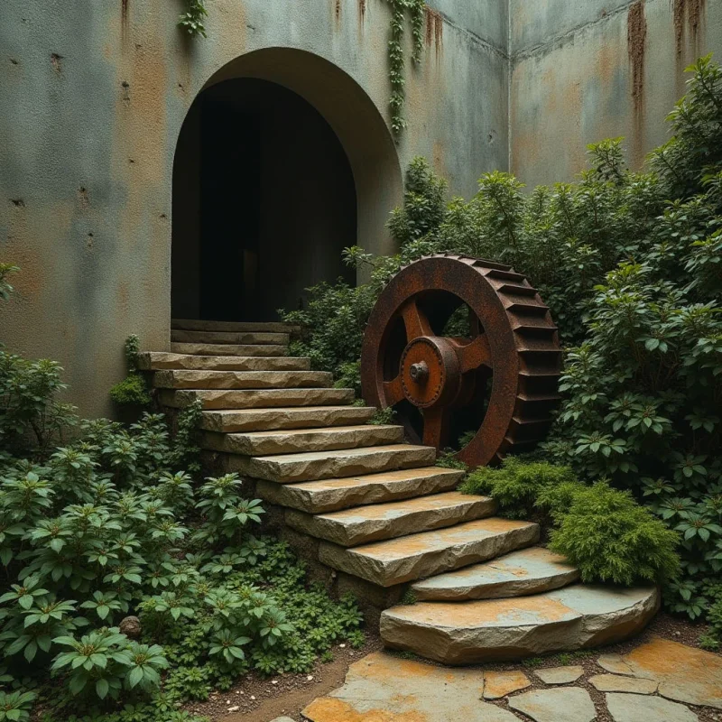 A large, rusted iron gear rests against a stone staircase that curves upward toward a dark, arched entryway in a weathered concrete wall. Lush green foliage and climbing vines surround the stairs and frame the structure, creating a contrast between organic textures and hard surfaces. Muted tones of gray, earthy brown, and deep green are illuminated by soft, diffused light that casts gentle shadows throughout the scene.