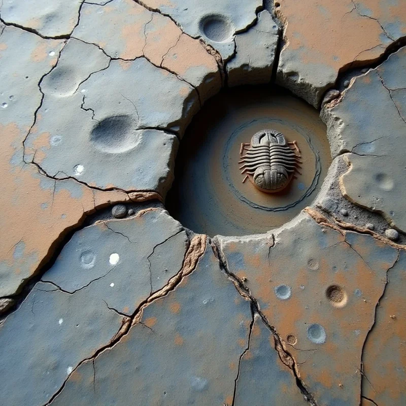 A segmented trilobite fossil rests within a circular indentation in a cracked, multi-toned surface of muted blue and terracotta. The texture is matte and earthy, characterized by deep fissures and shallow craters scattered across the terrain. Light falls from above, casting soft shadows within the crevices and highlighting the rhythmic ridges of the central organism.
