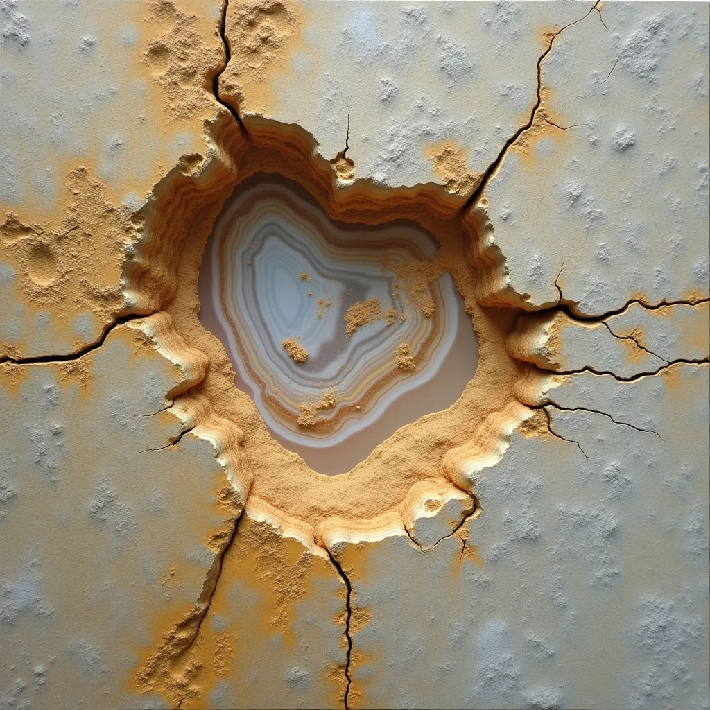The image features a central, roughly circular form composed of concentric bands in shades of cream, tan, and pale blue, set within a field of gray with rust-colored accents. The surrounding surface is heavily textured with cracks, pits, and flaking material, contrasting with the smoother layers of the inner circle. Light appears diffuse, highlighting variations in texture and creating subtle shadows around the edges of the central form and within its fissures.