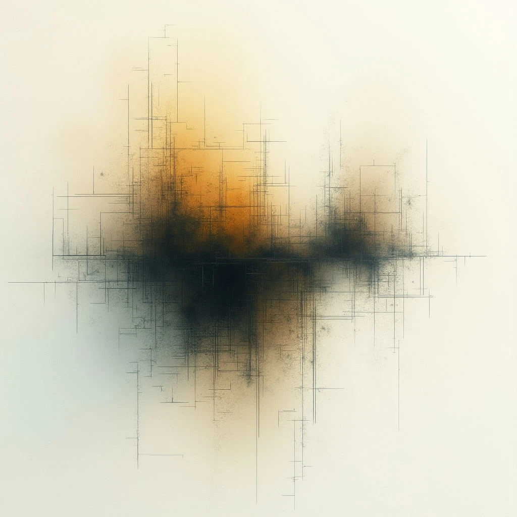 A dark, chaotic mass is centered on a pale background, appearing as though it’s disrupting an underlying grid of fine lines. The area around the darkness fades into warm orange and yellow tones, suggesting energy or heat emanating from the central point.  The overall impression is one of fragmentation and instability within a structured space.