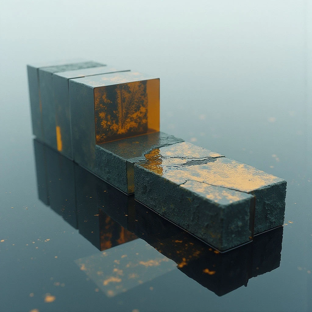 The image features a series of rectangular forms arranged on a reflective surface in shades of blue and gray. The blocks have rough, textured exteriors contrasted by smooth, warm amber interiors that glow with internal light, creating distinct highlights and reflections. Spatial relationships are established through overlapping shapes and mirrored images, suggesting depth within a limited field of view.