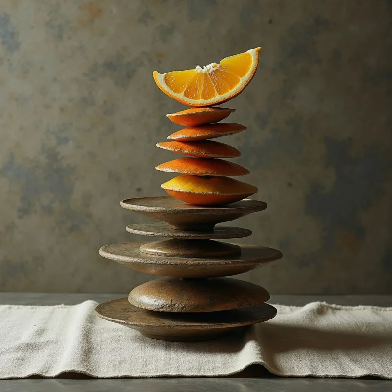 A stack of progressively smaller orange slices and wooden discs is centered in the frame, rising vertically from a wrinkled beige cloth. The color palette consists primarily of warm browns and oranges, with variations in saturation creating depth within the layers. Light falls unevenly on the objects, emphasizing the textured grain of the wood and highlighting the translucent quality of the fruit segments against a muted gray background.