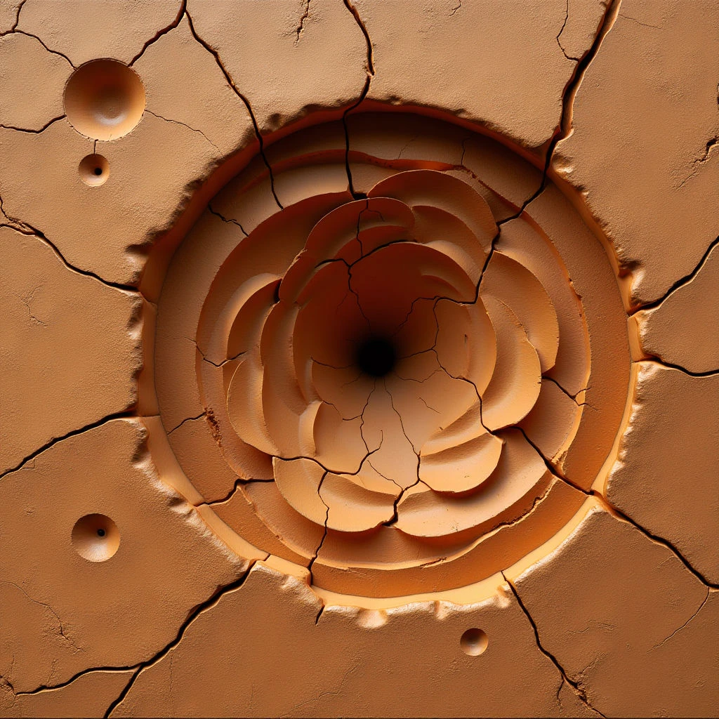 The image features a monochromatic palette of warm terracotta tones, with variations in shade suggesting depth and shadow. A central spiraling cavity dominates the composition, surrounded by a cracked surface punctuated by several smaller, rounded indentations. Light appears to originate from above and slightly to the left, creating highlights on the raised edges of the spiral and emphasizing the texture of the fractured material.