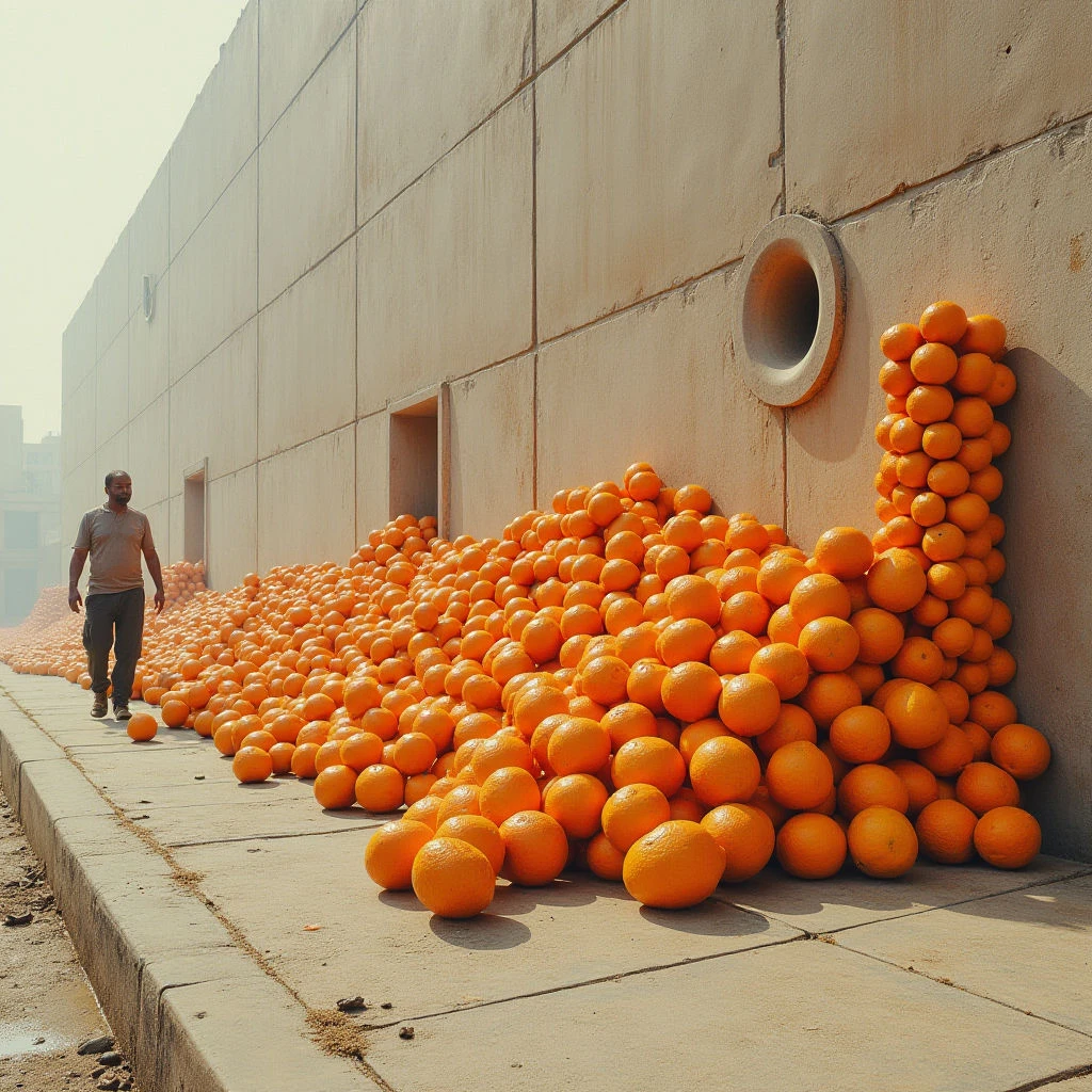 The image features a large accumulation of bright orange citrus fruits spilling from an opening in a pale beige wall onto a concrete walkway. The wall is composed of rectangular blocks with visible texture and a circular indentation, contrasting with the smooth surfaces of the fruit and polished concrete. A figure walks along the edge of the fruit pile, providing scale within the predominantly monochromatic color scheme and long spatial stretch of the scene.