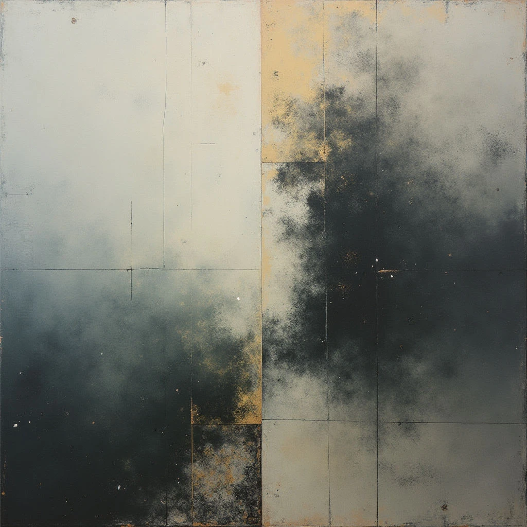 The image depicts a grid of square panels transitioning from pale, misty whites and golds to deep, shadowy blacks. A dark cloud or stain spreads across the center of the grid, blurring the boundaries between the lighter and darker sections. The overall effect is atmospheric and suggests a sense of decay or transformation.