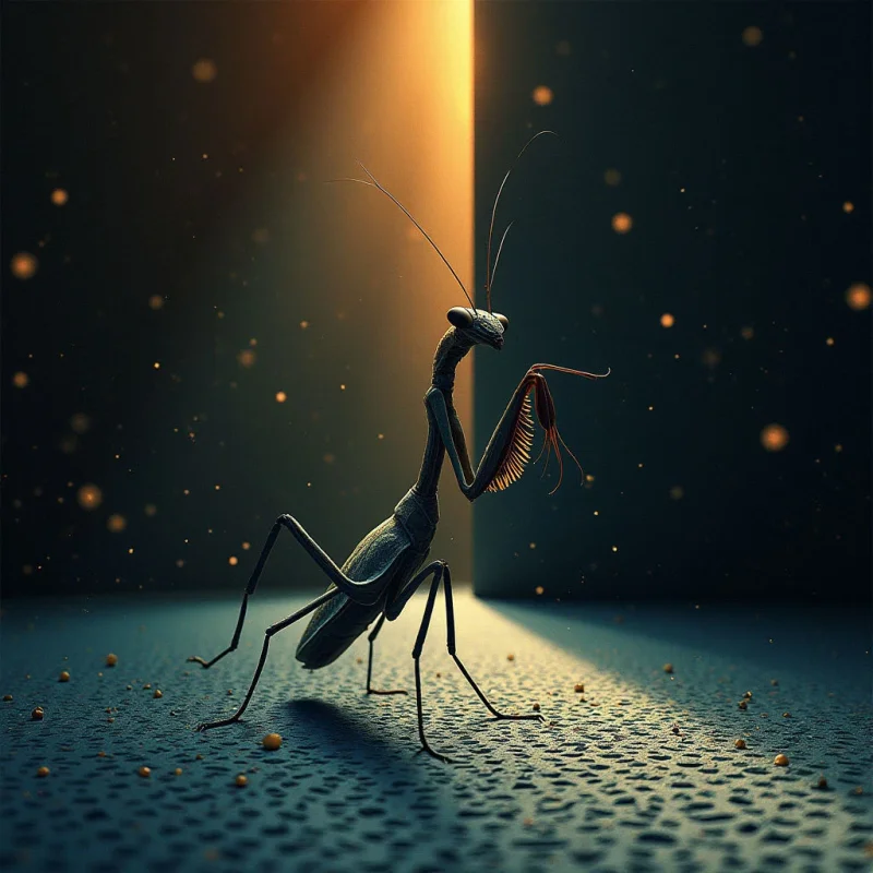 The image features a primarily dark teal and gray color palette, contrasted by a warm golden light source emanating from an unseen opening behind the central subject. The texture appears granular on the ground plane and subtly segmented on the insect’s body, while small, blurred orbs of yellow punctuate the darker background space. A long, slender insect stands in profile facing toward this light, casting a sharp shadow and dominating the foreground with its elongated form against a simplified geometric backdrop.