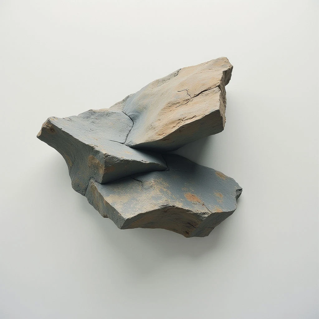 Two jagged, slate-colored stone fragments are balanced precariously against each other, seemingly defying gravity. The lower piece is larger and supports the smaller one, which has a lighter, tan interior exposed along its fractured edges. They cast subtle shadows on the smooth, neutral background behind them.