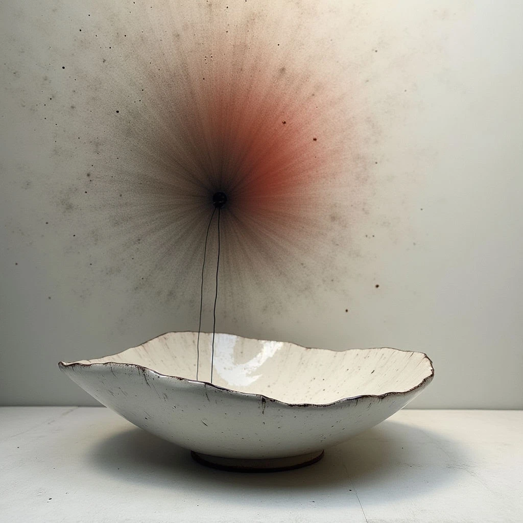 The image features a roughly circular, off-white ceramic bowl with an uneven, rippled edge resting on a flat surface. Above the bowl extends a radial burst of thin lines emanating from a central point, transitioning in color from dark gray near the bowl to a reddish hue further out. Light appears soft and diffused, creating subtle shadows beneath the bowl and across the surface, while the background is a neutral pale tone with scattered darker speckles.