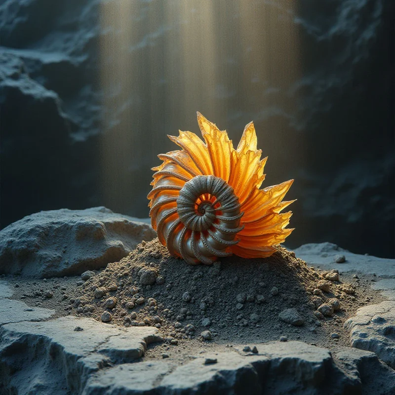 A glowing, amber-colored spiral shell with jagged, petal-like edges sits atop a mound of dark, granular sand. The shell features a ribbed texture that contrasts with the rough, craggy surfaces of the surrounding gray stone. Vertical beams of light descend from above, illuminating the central subject against a shadowy, textured background.
