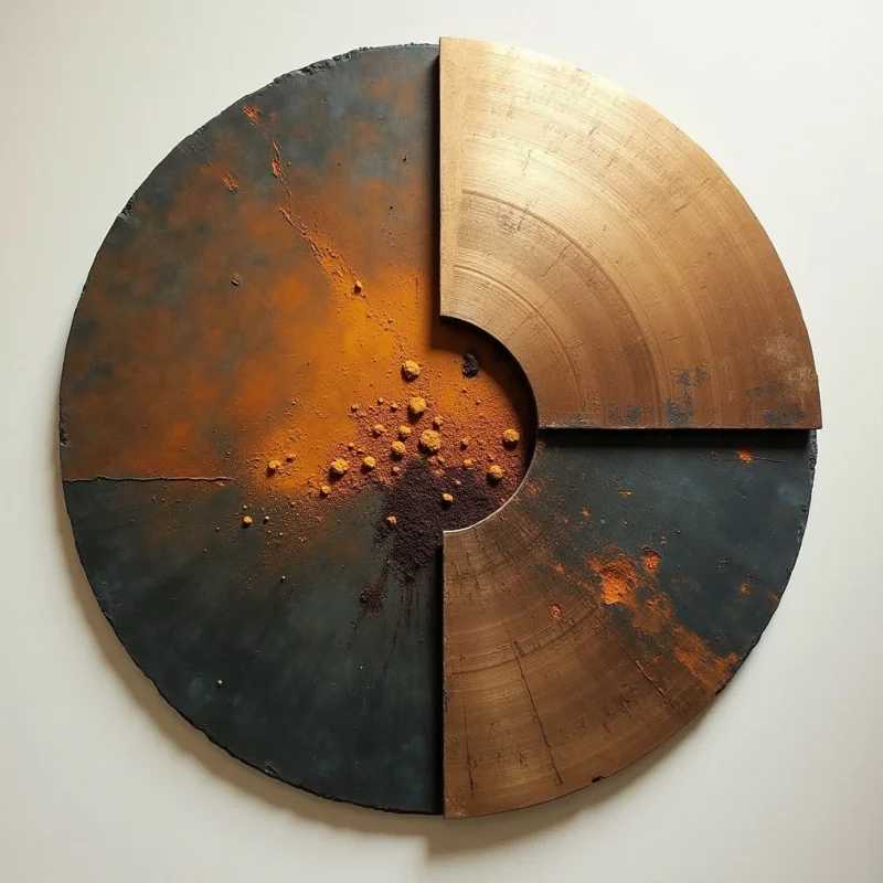 A large circular composition is divided into segments of dark, textured charcoal gray and smooth, brushed bronze. Splashes of vibrant orange pigment and small, granular clusters are scattered across the surface, concentrated near a central recessed void. Light catches the metallic grain of the bronze sections and the matte irregularities of the dark material, creating a sense of depth between the layered planes.