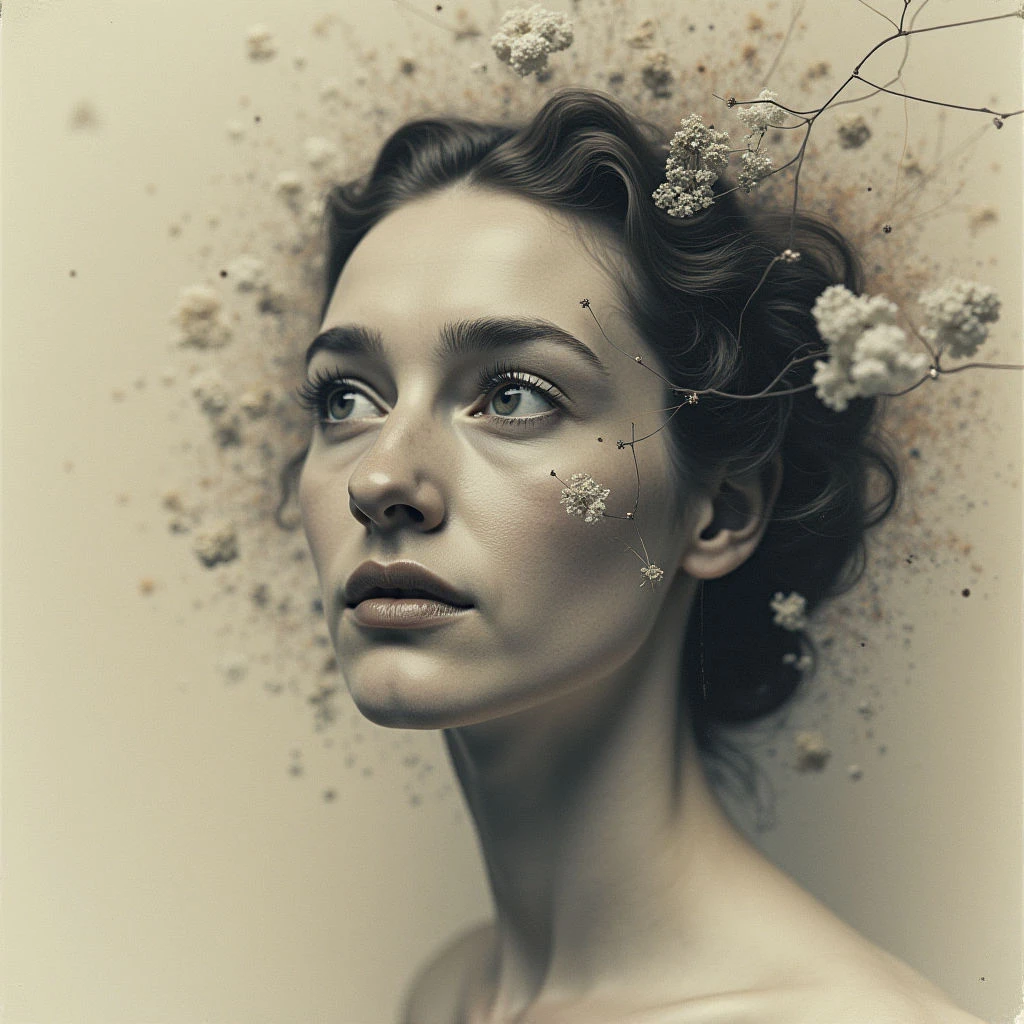 A young woman with dark, wavy hair looks off to the side with a thoughtful expression. Delicate white flowers are scattered around her face and woven into her curls, almost appearing to float in the air. Her skin is pale and smooth, creating a soft, ethereal quality to the portrait.