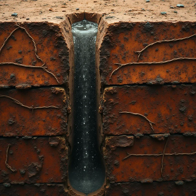 A vertical, dark void with a shimmering, liquid texture cuts through a wall of reddish-brown bricks characterized by rough, granular surfaces and thin, tangled vine-like lines. The composition is split between the warm, earthy tones of the masonry and the cool, deep charcoal of the central opening, which contains small, bright speckles of light. Spatial depth is created by the narrow gap receding into a dark center, framed by the textured horizontal layers of the brickwork.