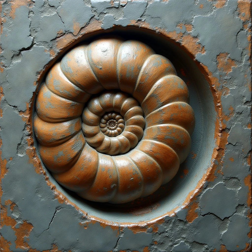 The image features a central spiral form in shades of brown and orange, set within a roughly circular recess in a gray background. The surrounding surface is heavily textured with cracks and uneven patches revealing hints of reddish-brown beneath the gray layer, contrasting with the smoother, segmented texture of the spiral itself. Light appears to come from above and slightly to the left, creating shadows that emphasize the three-dimensional form of the spiral and its depth within the background plane.