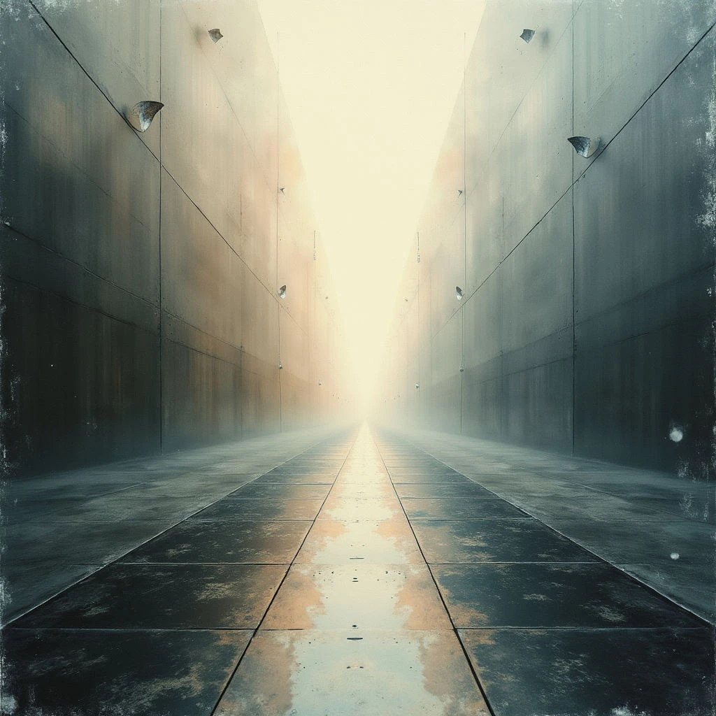 A long, narrow hallway stretches into the distance, lined with tall, dark gray walls divided into rectangular panels. Small lights are spaced evenly along both sides of the corridor, casting a faint glow on the wet tiled floor. A bright, hazy light emanates from the far end of the hall, drawing the eye towards an unseen point.