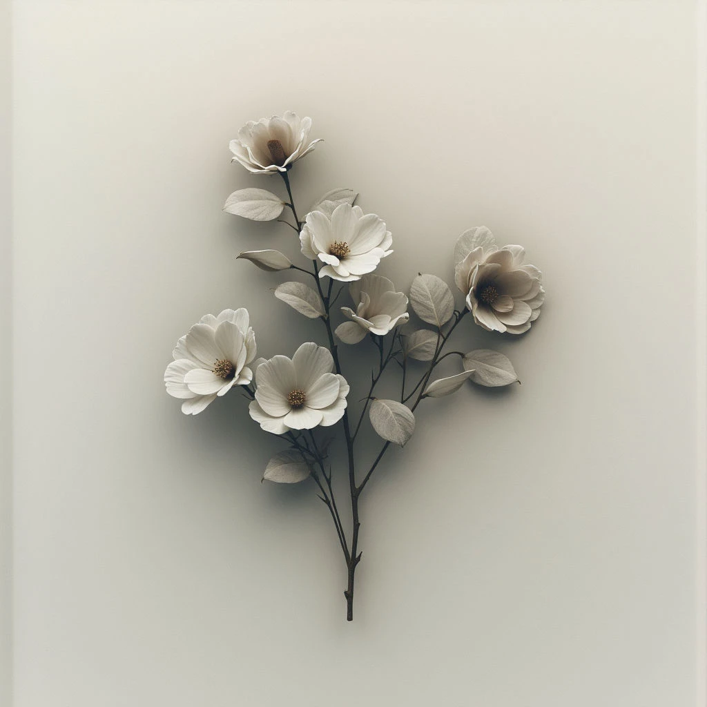 A delicate stem of white flowers with yellow centers is displayed against a pale, neutral background. The blooms and leaves appear almost translucent, casting soft shadows.  The arrangement has a flat-lay composition, giving it a minimalist and ethereal quality.